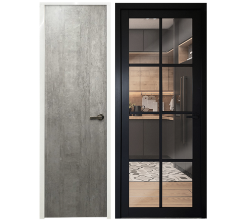 Off White Classy Invisible VG Hinge Swing Door with Waterproof Aluminium Panel (City Chic) on the left and Black Classy Invisible VG Hinge Swing Door with Laminated Safety Glass and Lattice Design